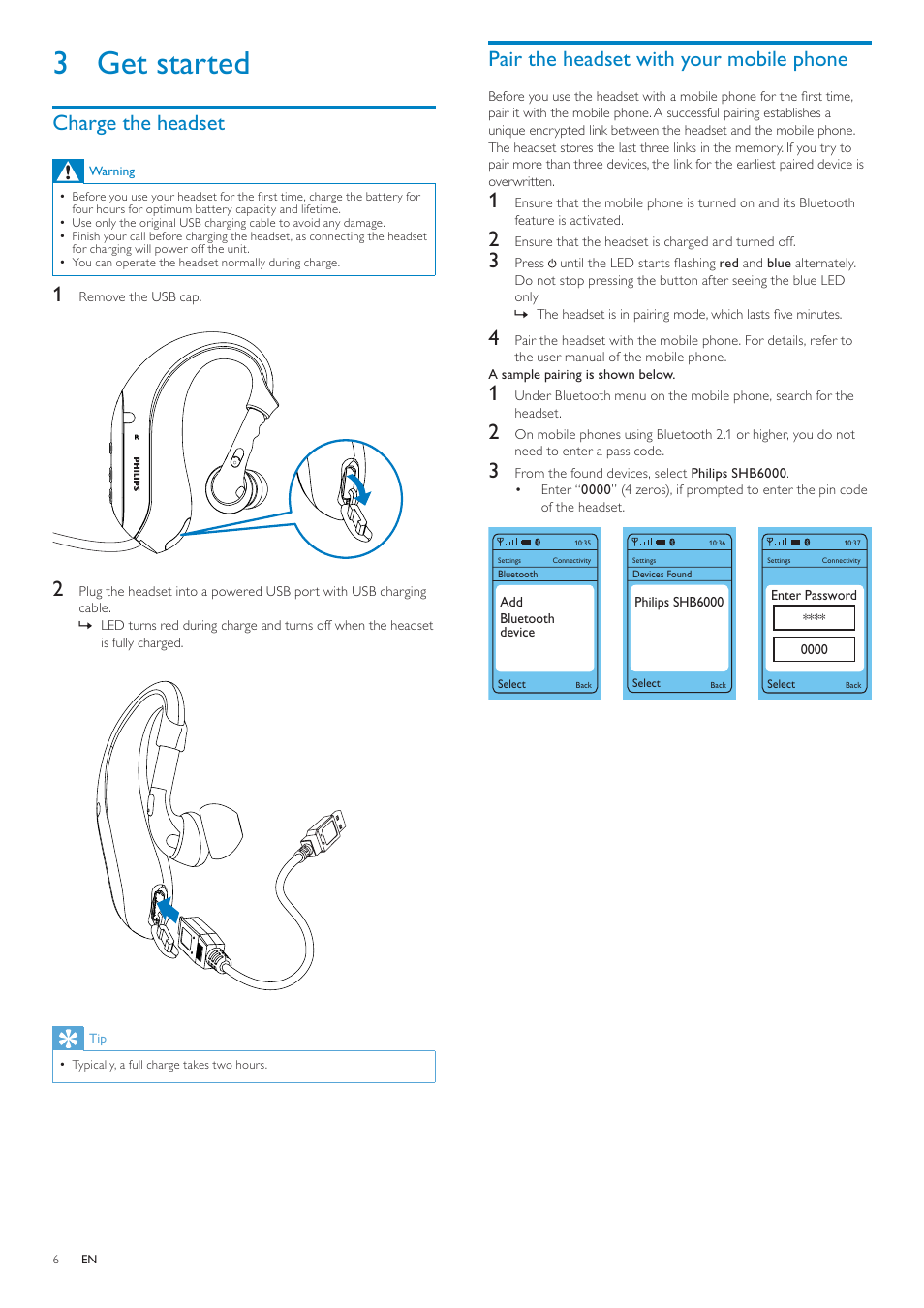 3 get started, Charge the headset, Pair the headset with your mobile phone | Philips SHB6000/28 User Manual | Page 7 / 12