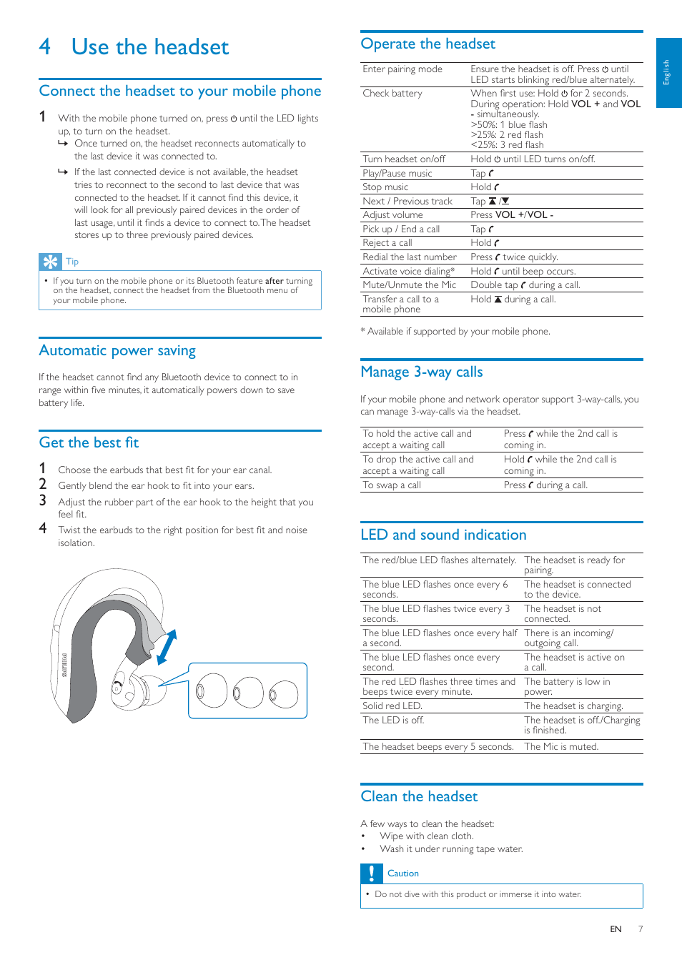 4 use the headset, Connect the headset to your mobile phone, Automatic power saving | Get the best fit, Operate the headset, Manage 3-way calls, Led and sound indication, Clean the headset, Connect the headset to your mobile phone 1, Get the best fit 1 | Philips SHB6000/28 User Manual | Page 8 / 12