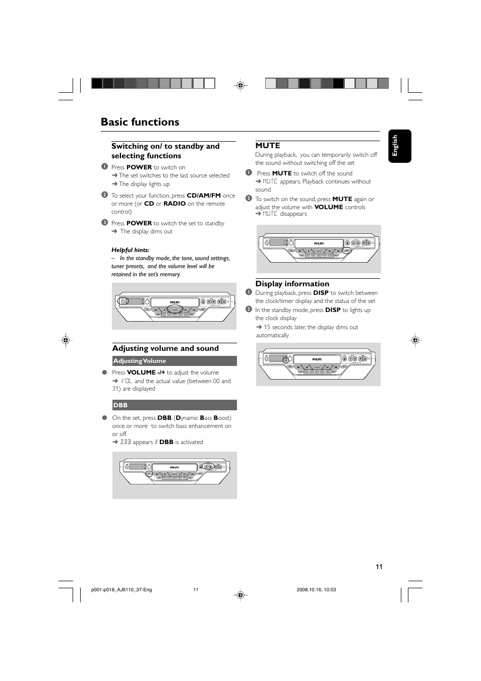 Basic functions | Philips AJ6110 User Manual | Page 11 / 19