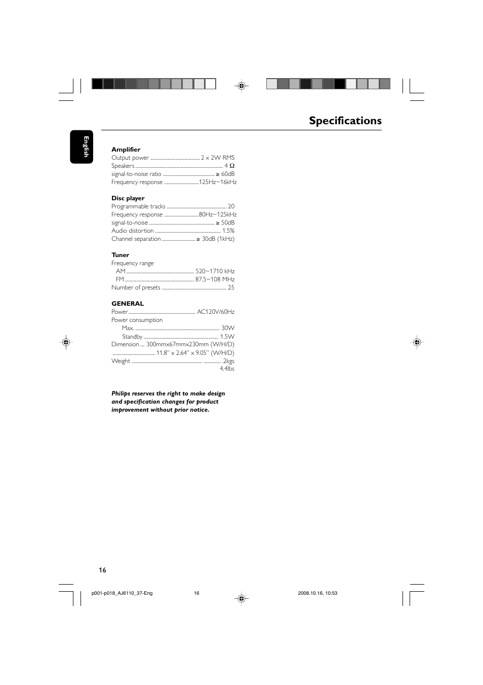 Specifications | Philips AJ6110 User Manual | Page 16 / 19
