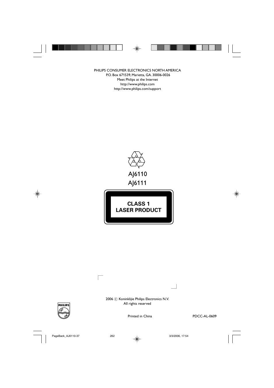 Aj6110, Aj6111, Class 1 laser product | Philips AJ6110 User Manual | Page 19 / 19