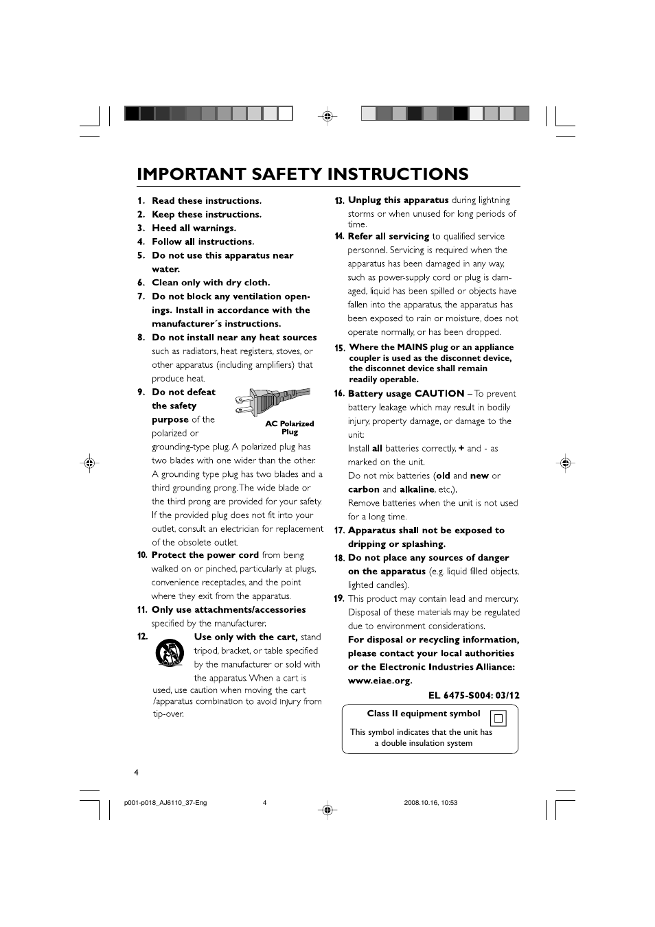 Important safety instructions | Philips AJ6110 User Manual | Page 4 / 19