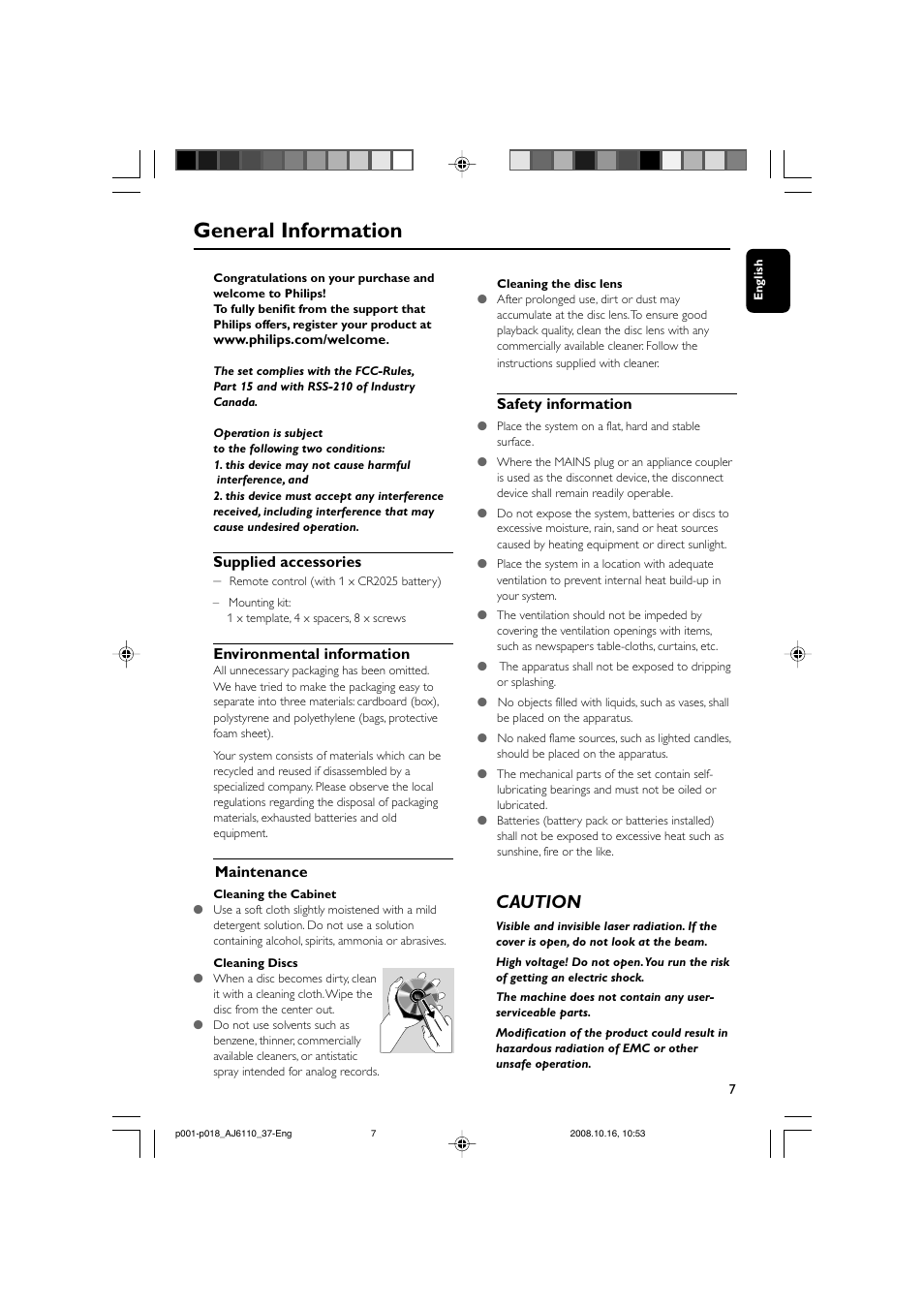 General information, Caution, Supplied accessories | Environmental information, Maintenance, Safety information | Philips AJ6110 User Manual | Page 7 / 19