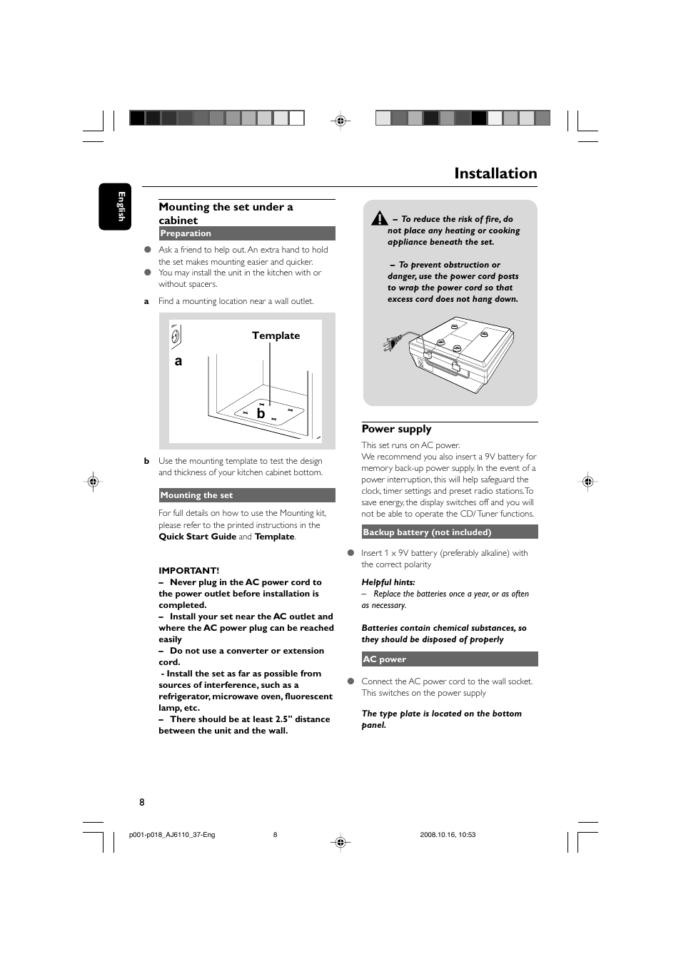 Installation | Philips AJ6110 User Manual | Page 8 / 19