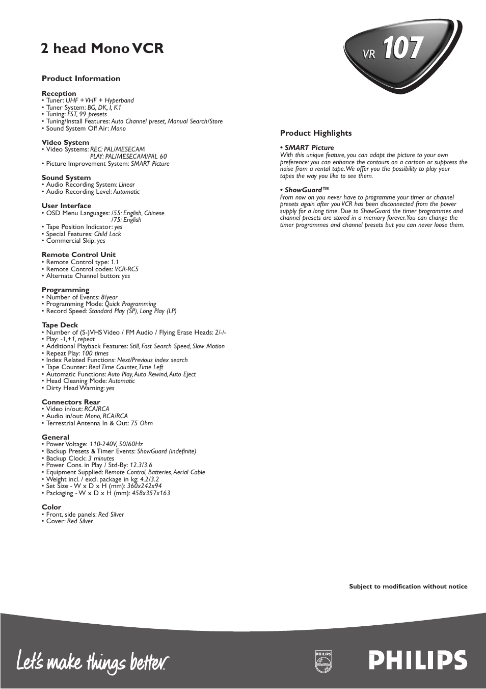 2 head mono vcr | Philips VR 107 User Manual | Page 2 / 2