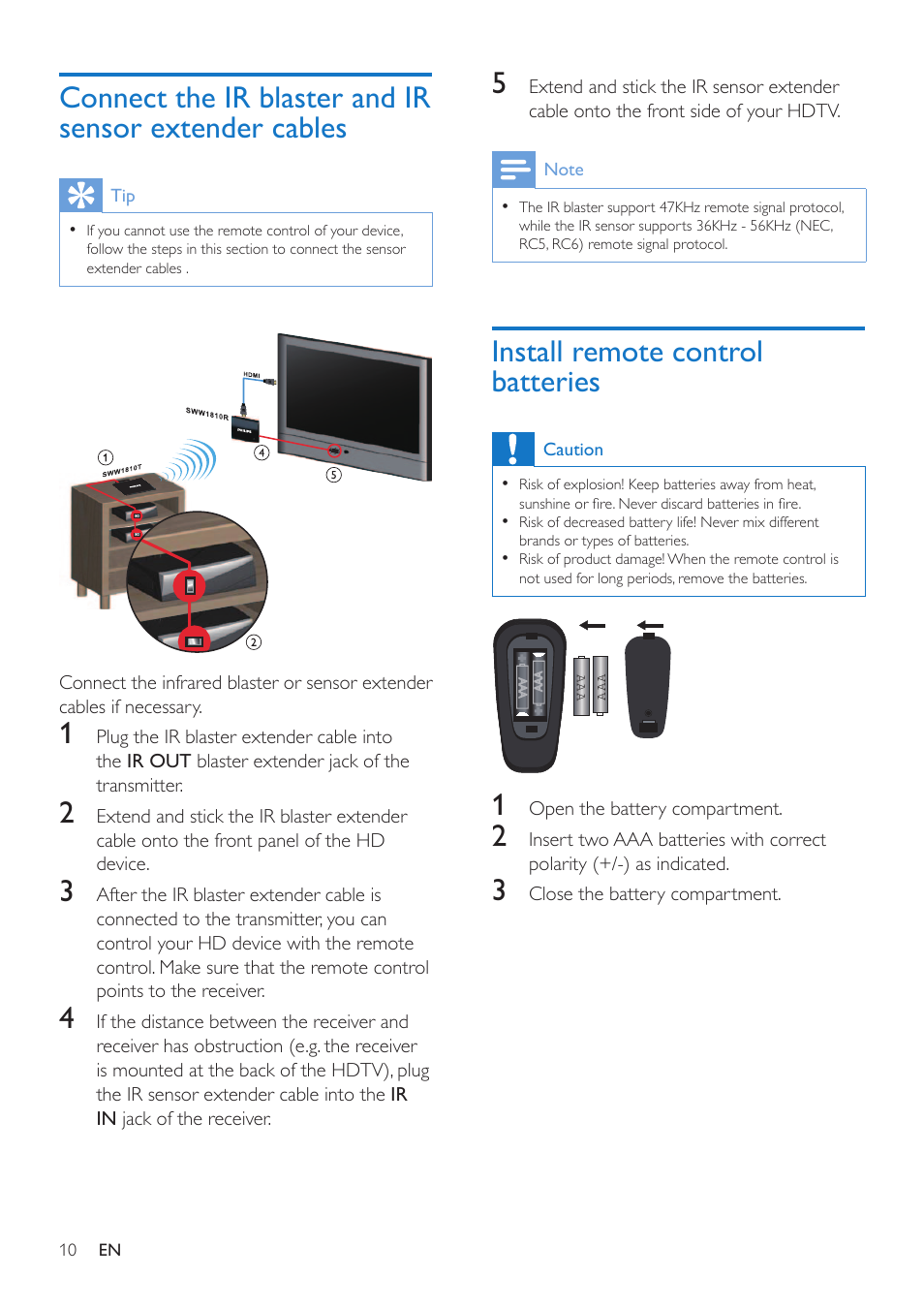 Install remote control batteries | Philips SWW1810 User Manual | Page 10 / 22