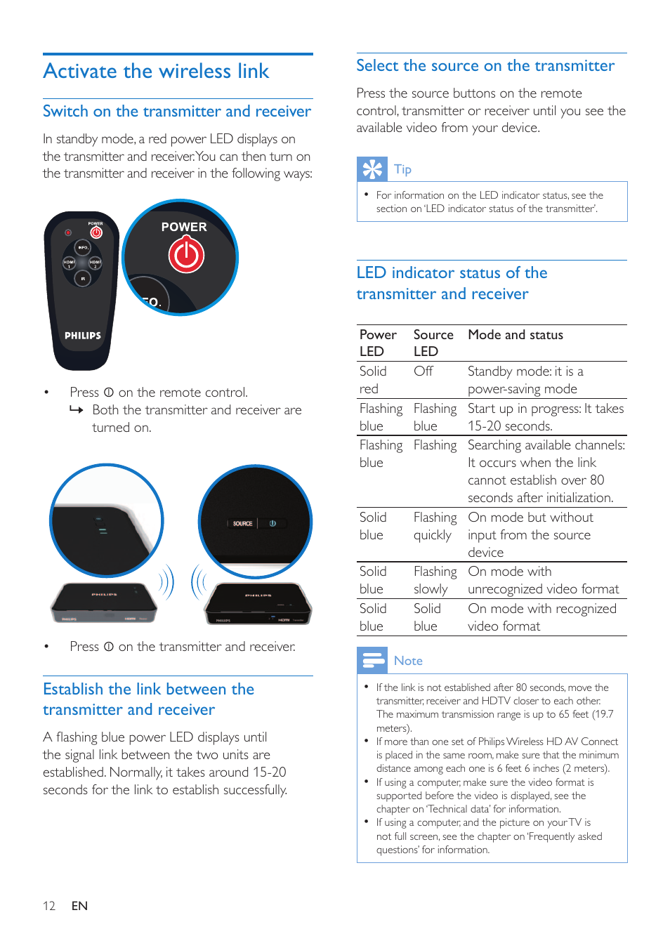 Activate the wireless link, Switch on the transmitter and receiver, Select the source on the transmitter | Philips SWW1810 User Manual | Page 12 / 22