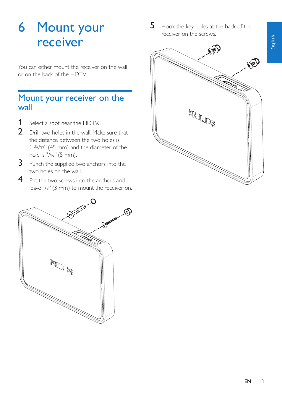 6 mount your receiver, Mount your receiver on the wall, Mount your receiver on the wall 1 | Philips SWW1810 User Manual | Page 13 / 22