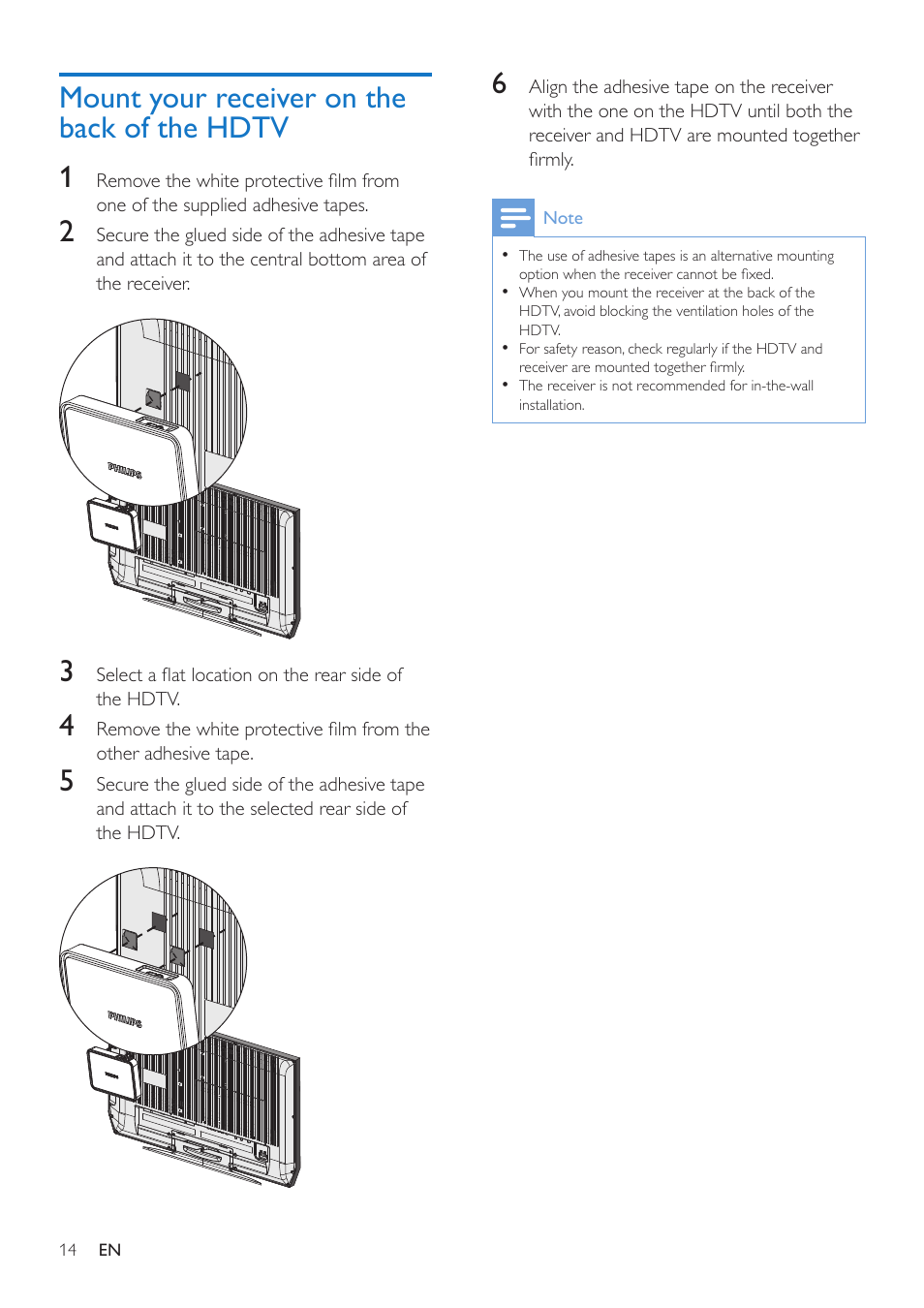 Mount your receiver on the back of the hdtv, Mount your receiver on the back of the hdtv 1 | Philips SWW1810 User Manual | Page 14 / 22