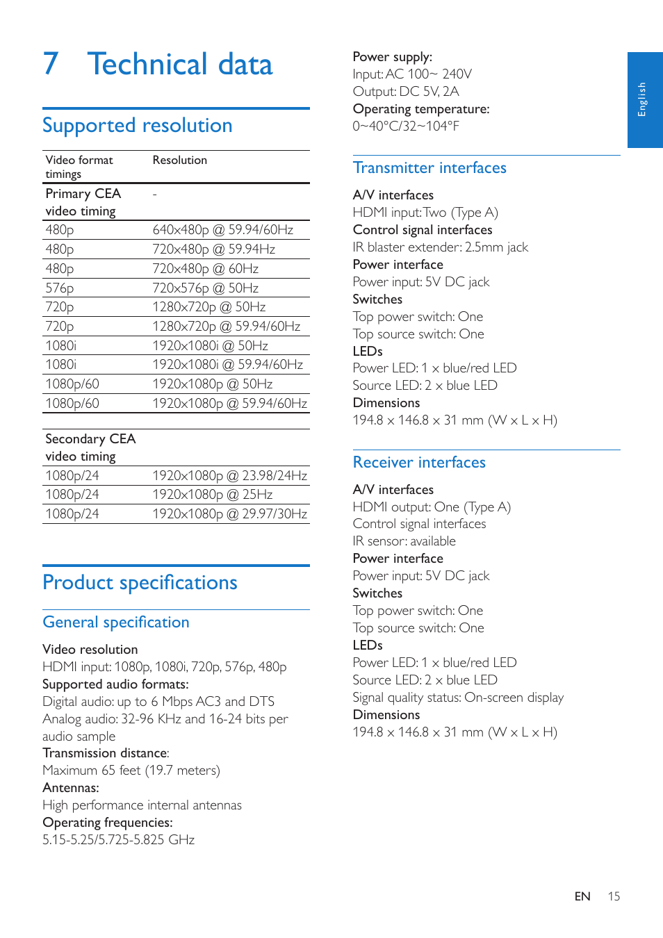 7 technical data, Supported resolution, Product specifications | General specification, Transmitter interfaces, Receiver interfaces | Philips SWW1810 User Manual | Page 15 / 22