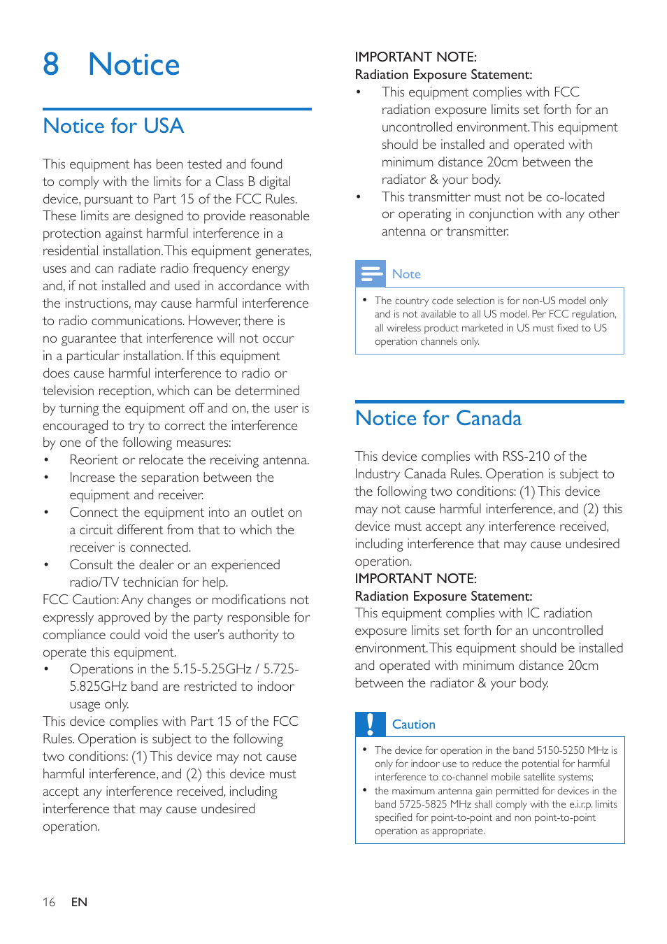 8 notice, Notice for usa, Notice for canada | Philips SWW1810 User Manual | Page 16 / 22