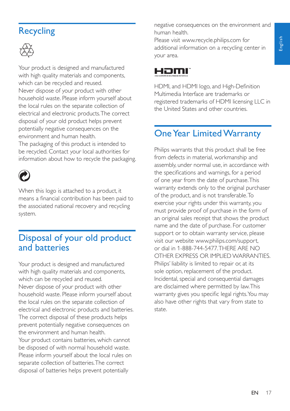 Recycling, Disposal of your old product and batteries, One year limited warranty | Philips SWW1810 User Manual | Page 17 / 22