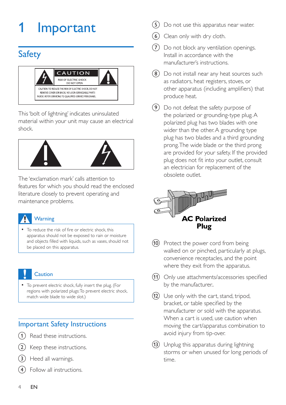 1 important, Safety, Important safety instructions | Philips SWW1810 User Manual | Page 4 / 22