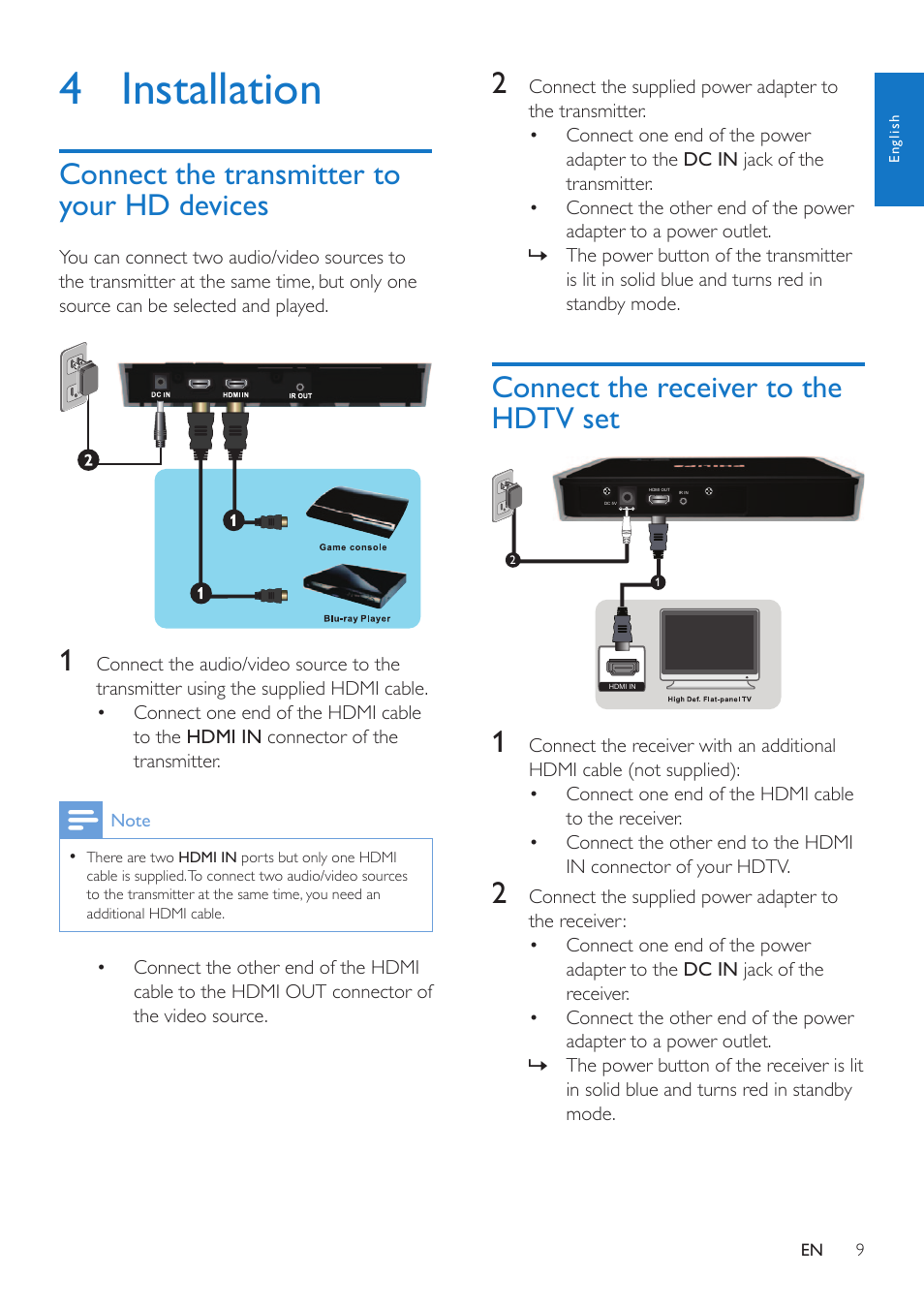 4 installation, Connect the transmitter to your hd devices, Connect the receiver to the hdtv set | Philips SWW1810 User Manual | Page 9 / 22