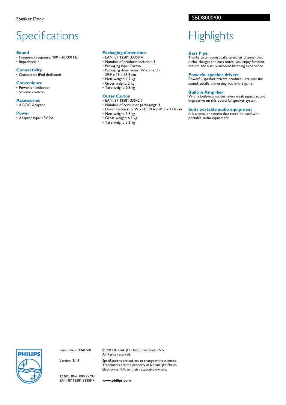 Specifications, Highlights | Philips SBD8000 User Manual | Page 2 / 2