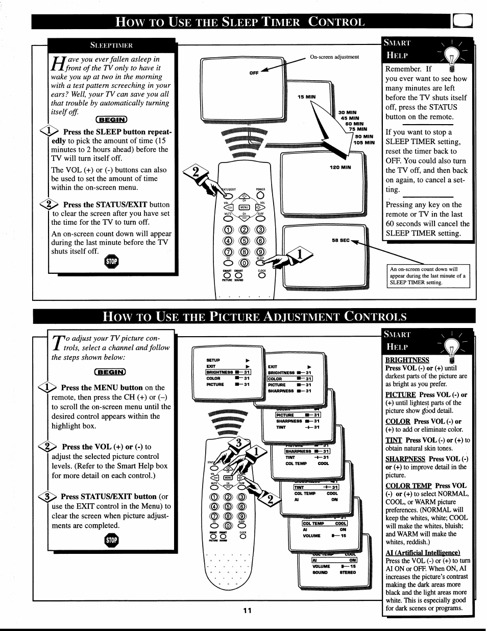 How to use the picture adjustment controls, Press the menu button on the, I> press the vol (+) or (-) to | Press status/exit button (or, Leep, Imer, Ontrol | Philips XS1955 User Manual | Page 11 / 20