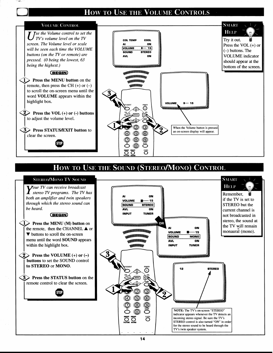 Press the vol (+) or (-) buttons, How to use the sound (stereo/mono) control, Olume | Ontrols | Philips XS1955 User Manual | Page 14 / 20