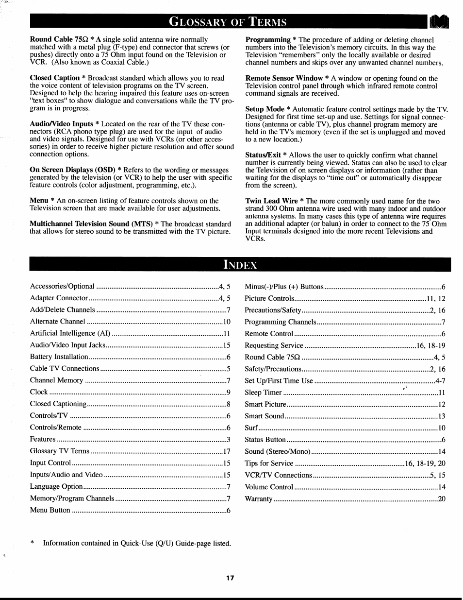 Glossary of terms, Index, Glossary of tv terms | Philips XS1955 User Manual | Page 17 / 20