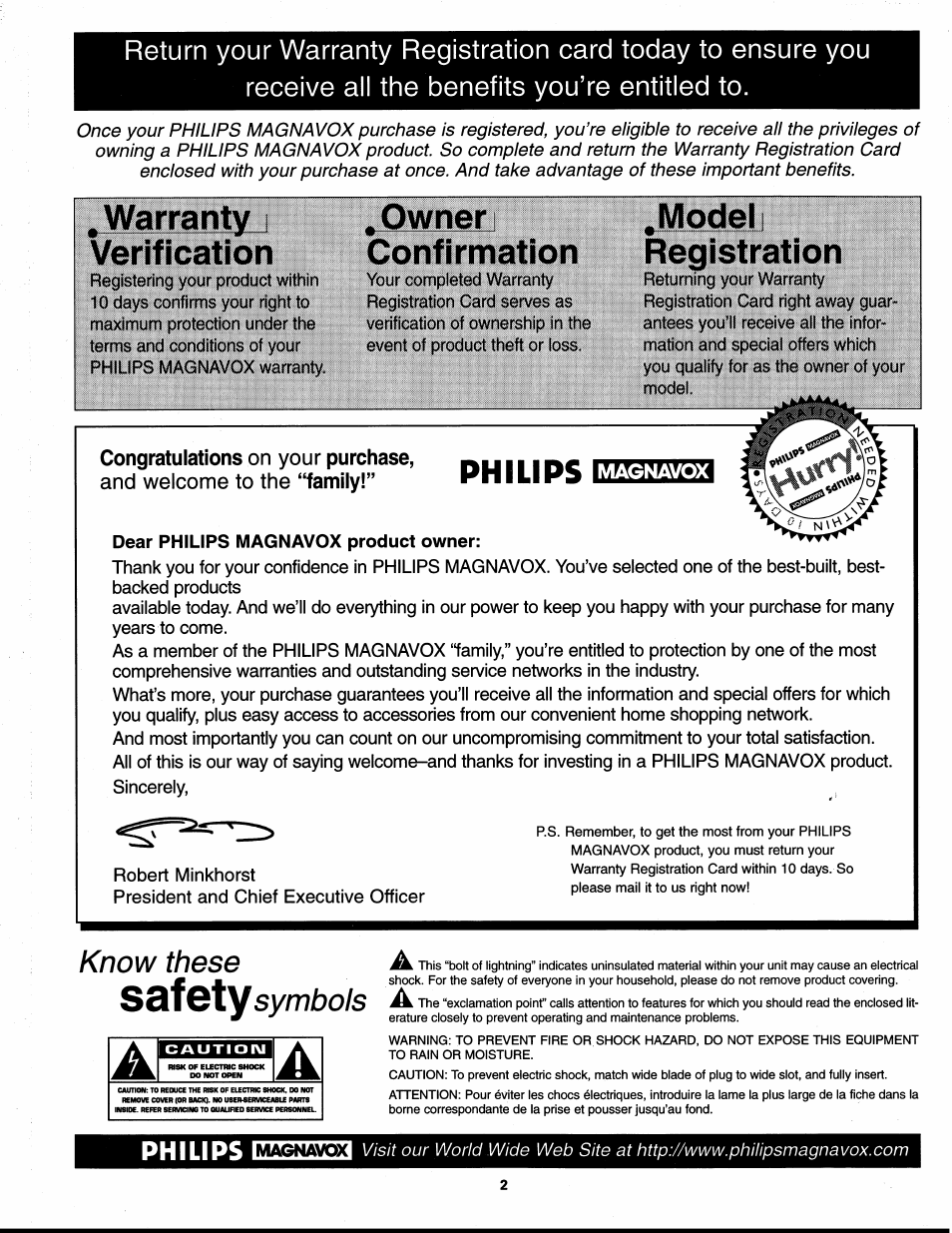 Warranty i verification, Owner i confirmation, Modell | Registration, Modell registration, Philips, Know these s&fgty symbols | Philips XS1955 User Manual | Page 2 / 20