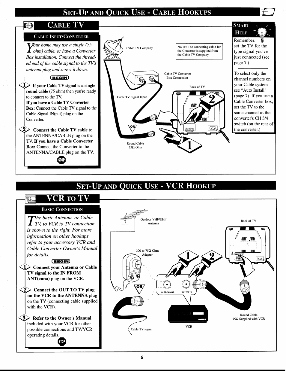 Cable tv, Connect the cable tv cable to, Set-up and quick use - vcr hookup | Refer to the owner's manual, And q | Philips XS1955 User Manual | Page 5 / 20