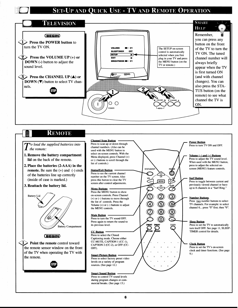 Television, Remote, Remove the battery compartment | Reattach the battery lid, Uick, Emote, Peration | Philips XS1955 User Manual | Page 6 / 20