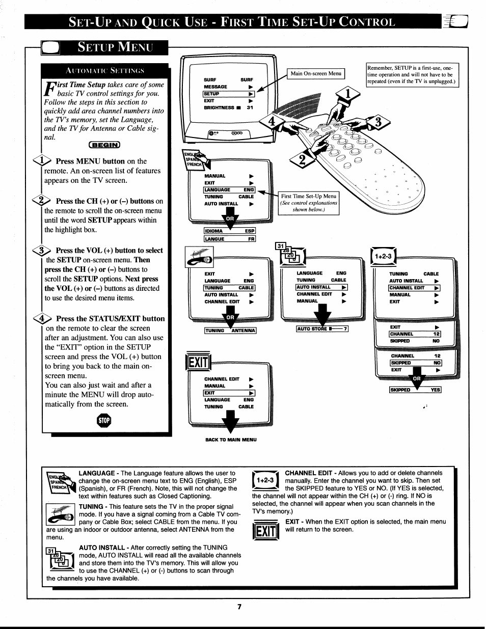 Setup menu, Press menu button on the, Press the ch (+) or (-) buttons on | Press the status/exit button, And q, Uick, Irst, Ontrol | Philips XS1955 User Manual | Page 7 / 20