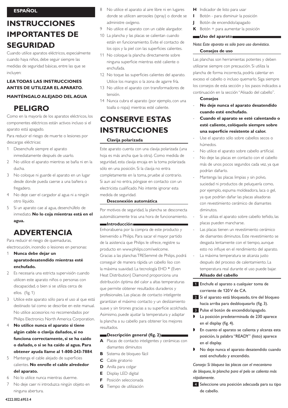 Español, Instrucciones importantes de seguridad, Peligro | Advertencia, Conserve estas instrucciones | Philips HP4605 User Manual | Page 4 / 8