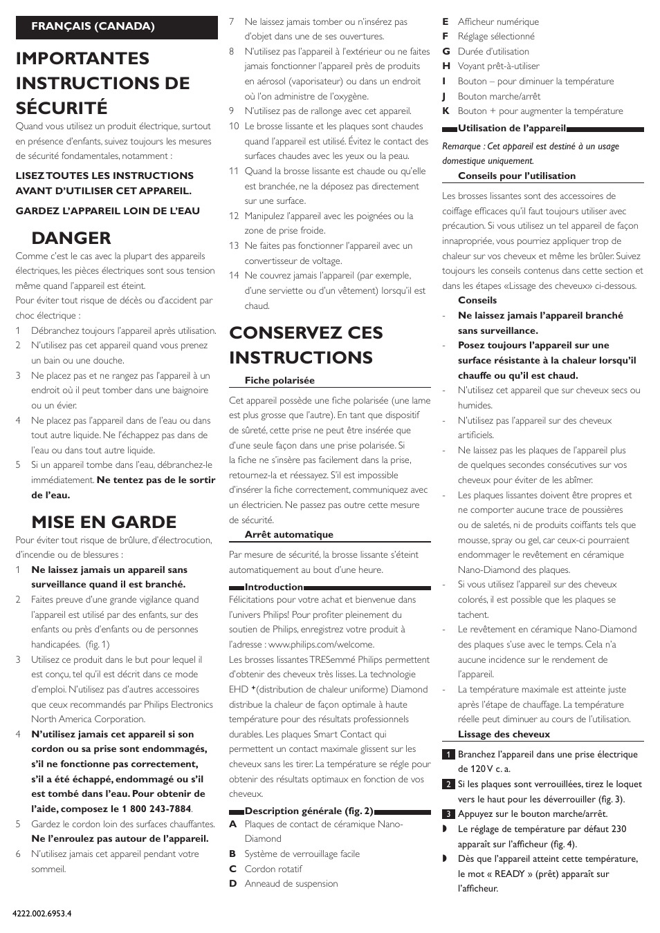 Français (canada), Importantes instructions de sécurité, Danger | Mise en garde, Conservez ces instructions | Philips HP4605 User Manual | Page 6 / 8