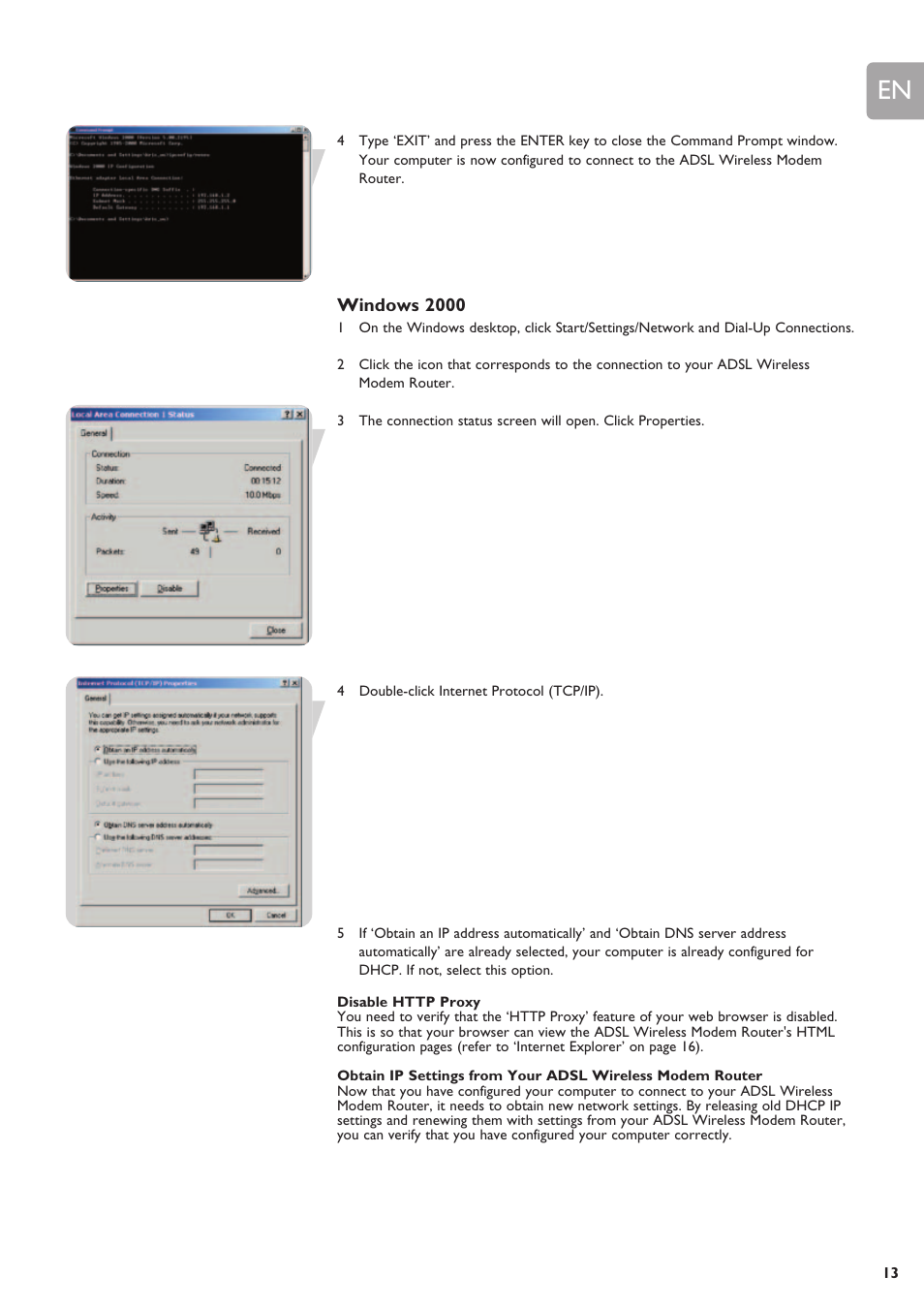 Windows 2000, Disable http proxy | Philips SNA6640 User Manual | Page 13 / 42