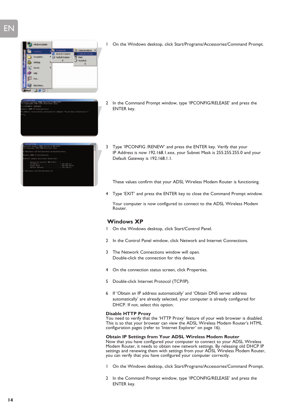 Windows xp, Disable http proxy | Philips SNA6640 User Manual | Page 14 / 42