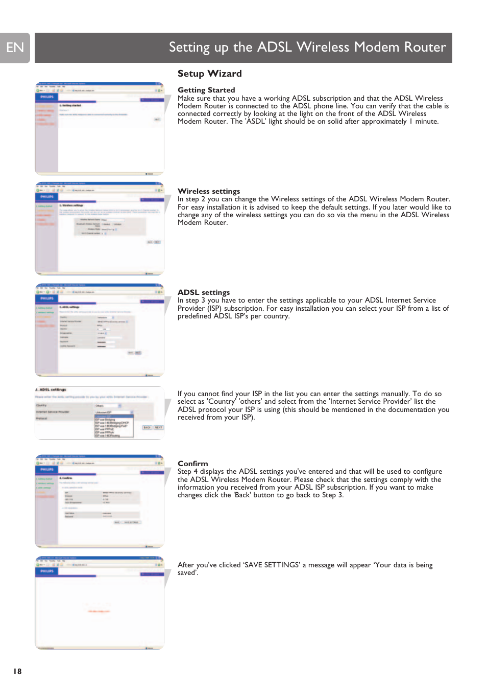 Setting up the adsl wireless modem router, Setup wizard | Philips SNA6640 User Manual | Page 18 / 42