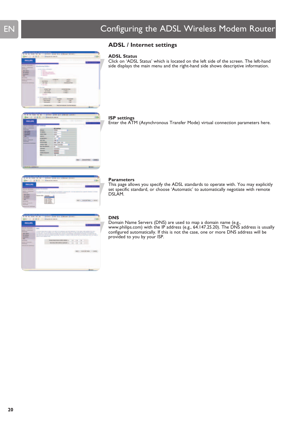 Configuring the adsl wireless modem router, Adsl / internet settings | Philips SNA6640 User Manual | Page 20 / 42