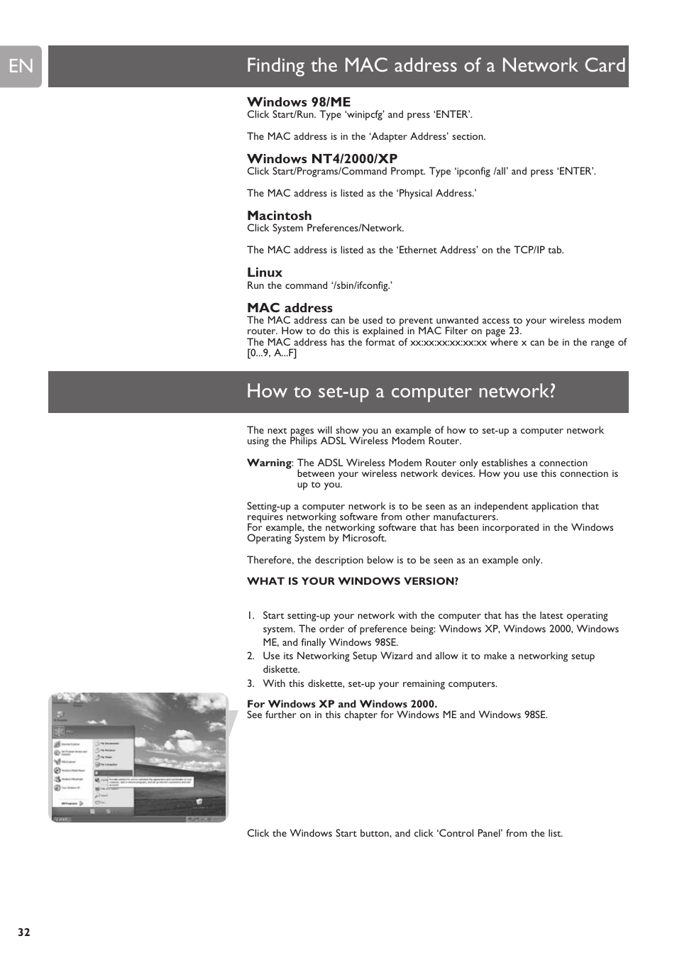 Finding the mac address of a network card, Windows 98/me, Windows nt4/2000/xp | Macintosh, Linux, Mac address, How to set-up a computer network, What is your windows version | Philips SNA6640 User Manual | Page 32 / 42