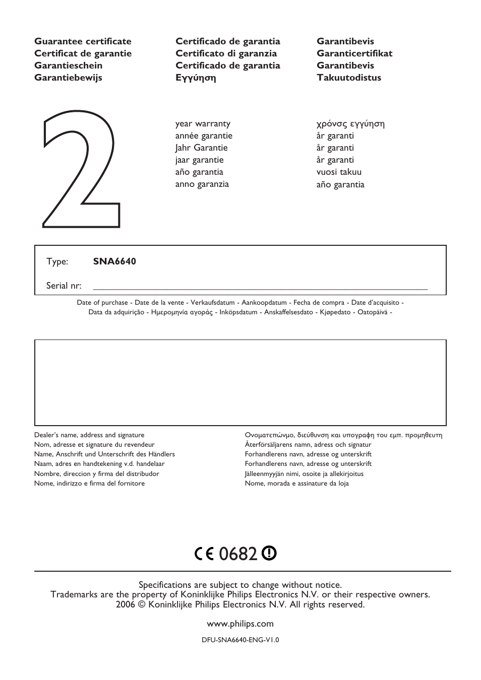 Guarantee certificate | Philips SNA6640 User Manual | Page 42 / 42