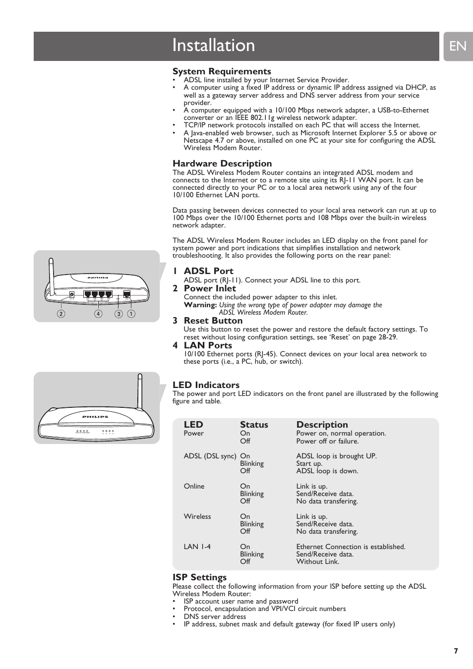 Installation, System requirements, Hardware description | Led indicators, Isp settings, 1 adsl port, 2 power inlet, 3 reset button, 4 lan ports, Led status description | Philips SNA6640 User Manual | Page 7 / 42