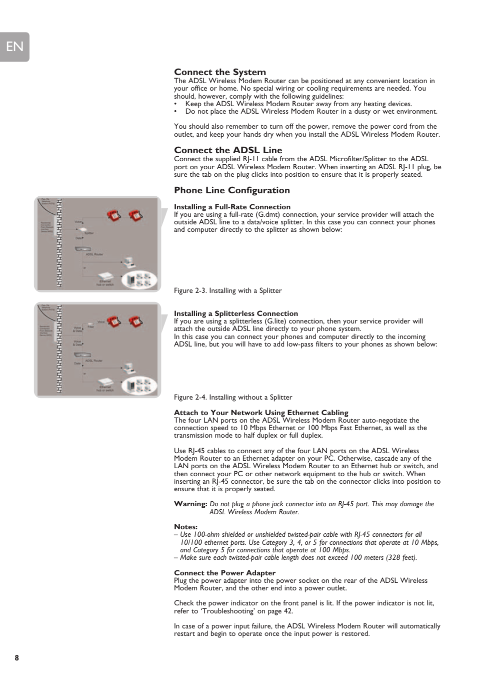 Connect the system, Connect the adsl line, Phone line configuration | Connect the power adapter | Philips SNA6640 User Manual | Page 8 / 42