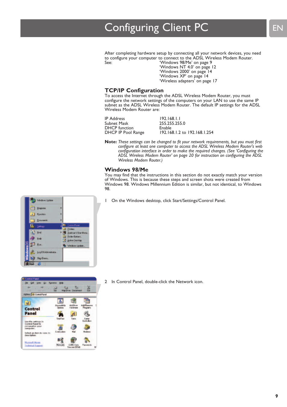 Configuring client pc, Tcp/ip configuration, Windows 98/me | Philips SNA6640 User Manual | Page 9 / 42