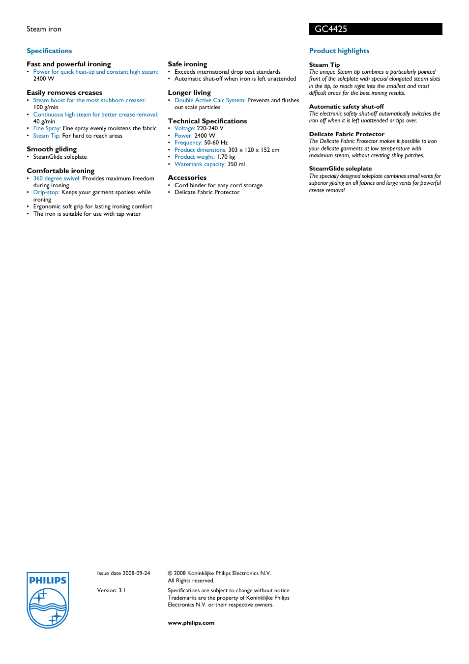 Gc4425 | Philips GC4425  EN User Manual | Page 2 / 2