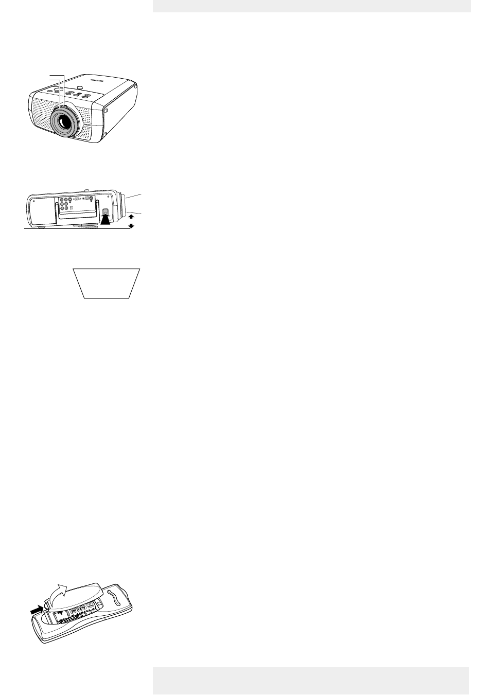 Adjusting the focus and size of the image, Adjusting the vertical angle of the projector, Keystone correction | Moving/transporting the projector, Preparation, Inserting the batteries in the remote control, Set up | Philips Garbo User Manual | Page 10 / 33