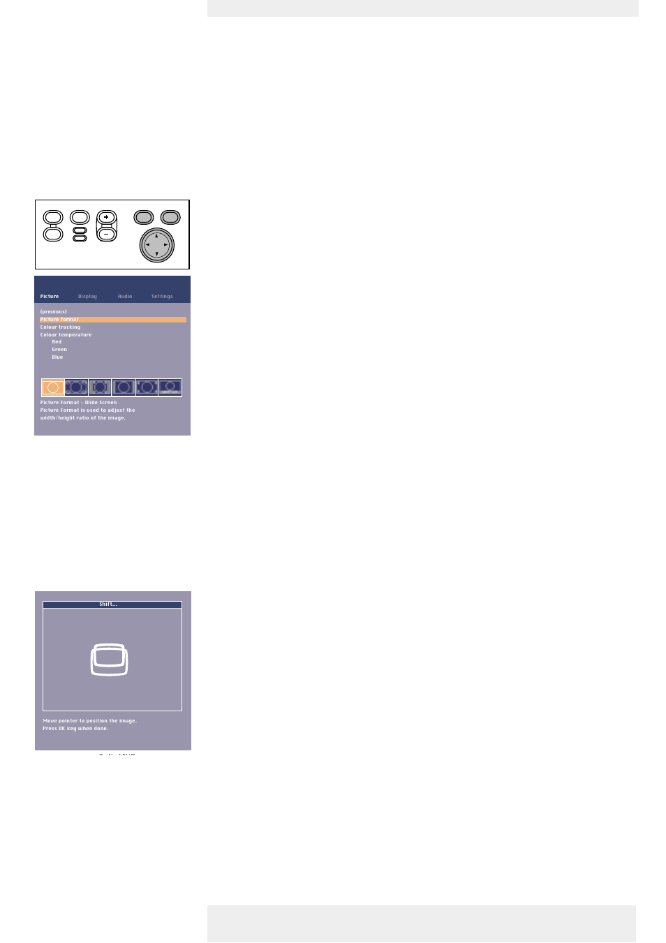 Some examples, Picture format, Vertical shift | Operation on screen display menu, English user guide garbo | Philips Garbo User Manual | Page 23 / 33