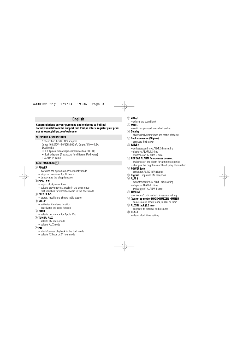 English | Philips AJ301DB User Manual | Page 3 / 8