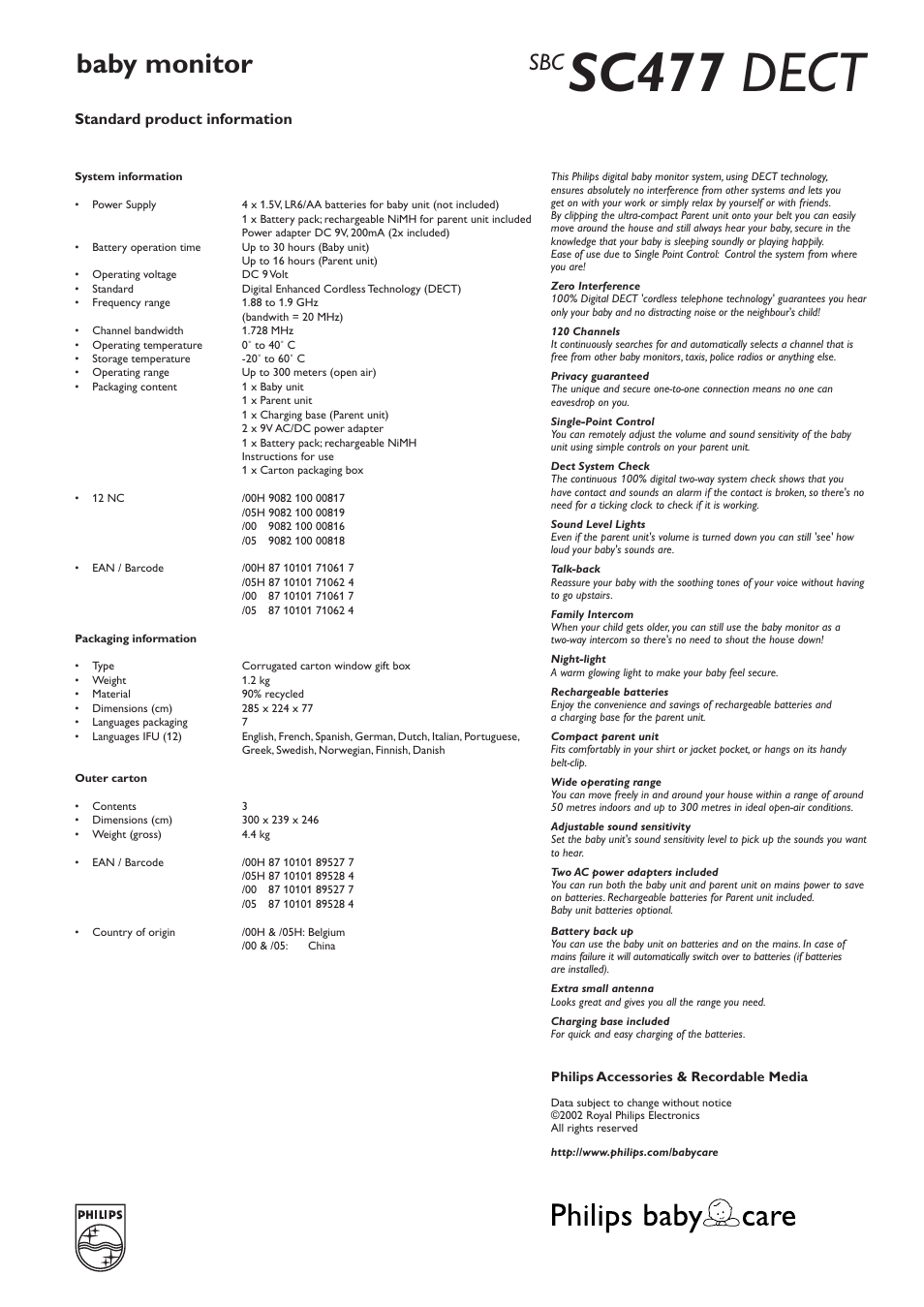 Sc477 dect, Baby monitor | Philips SC477 User Manual | Page 2 / 2