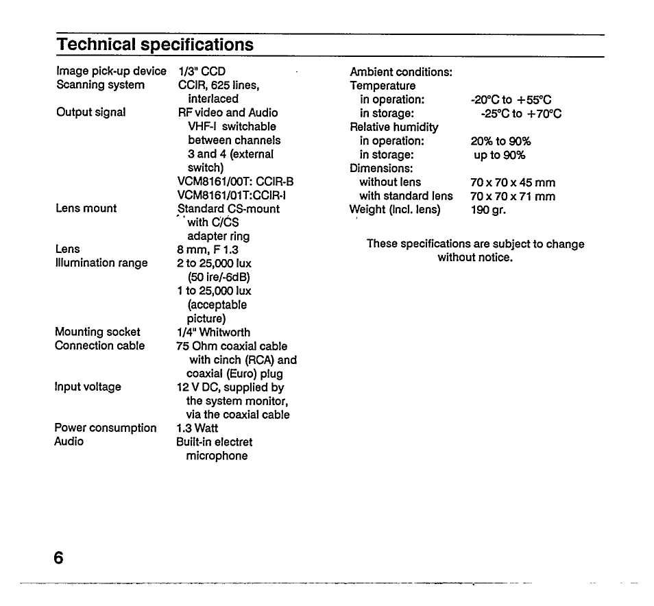 Technical specifications | Philips VCM8161/00T User Manual | Page 10 / 14