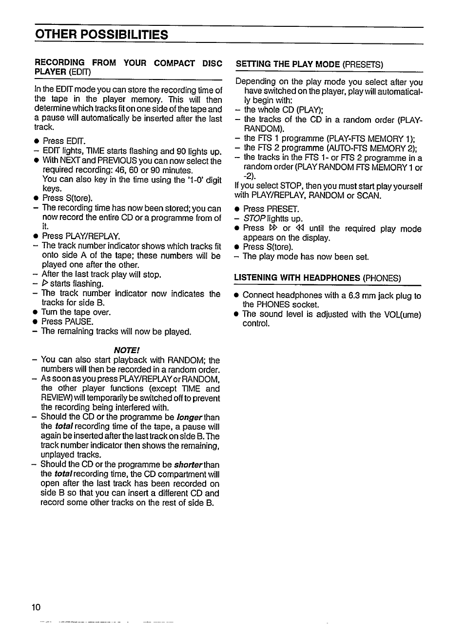 Recording from your compact disc player (edit), Listening with headphones (phcnes), Other possibilities | Philips CD 624 User Manual | Page 10 / 14