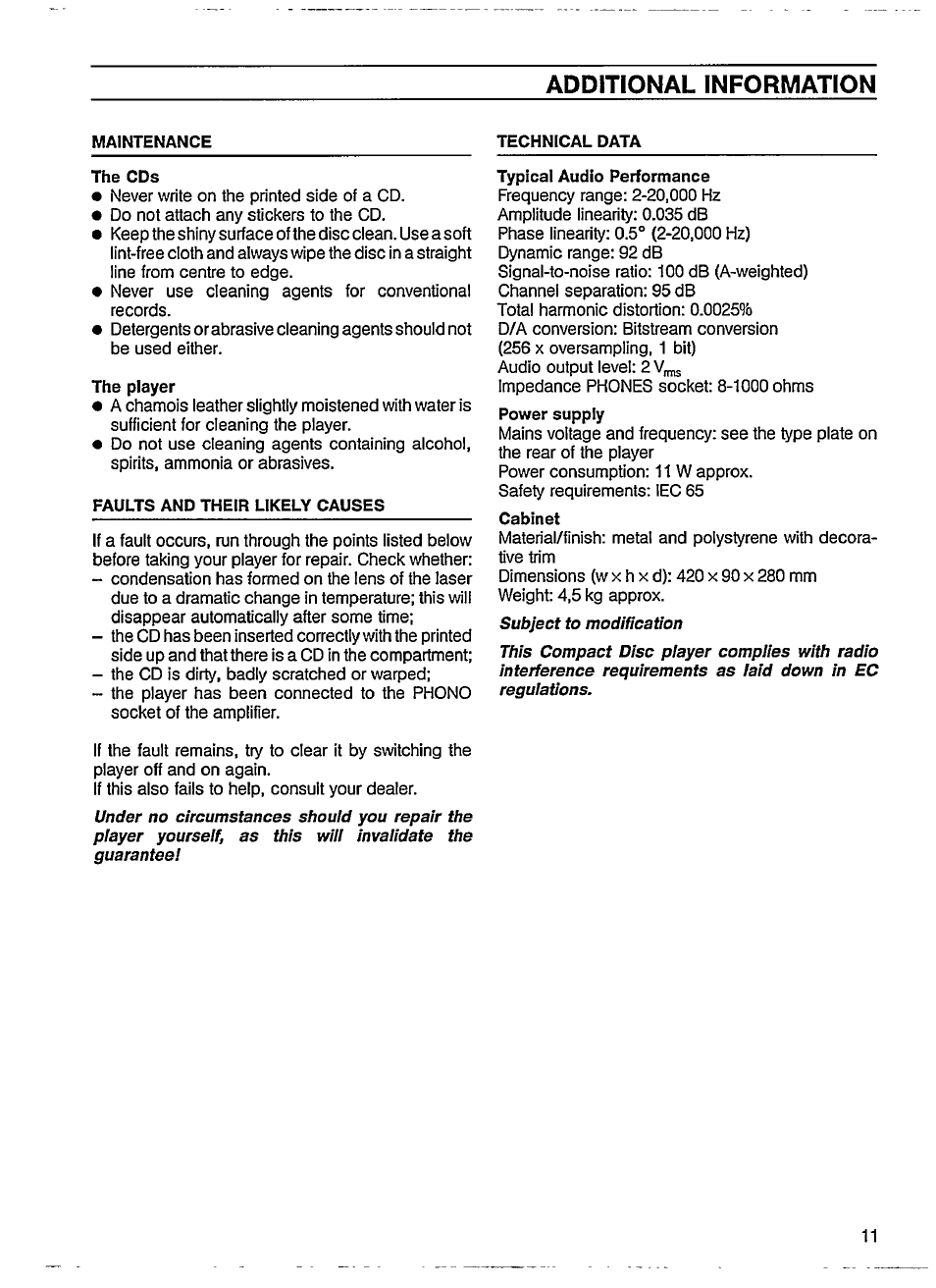 Faults and their likely causes, Typical audio performance, Cabinet | Additional information | Philips CD 624 User Manual | Page 11 / 14