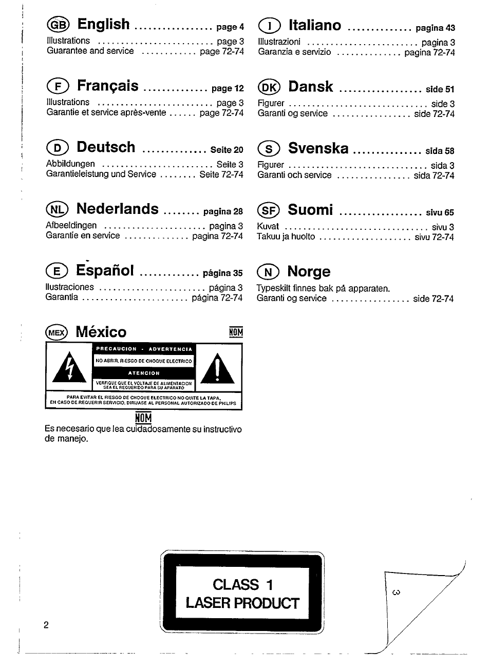 F) deutsch seite20 (s) svenska sidass, М^ méxico, English | Italiano, Français, Dansk, F) deutsch ................ seite, S) svenska.................... sidass, Np nederlands, Suomi | Philips CD 624 User Manual | Page 2 / 14