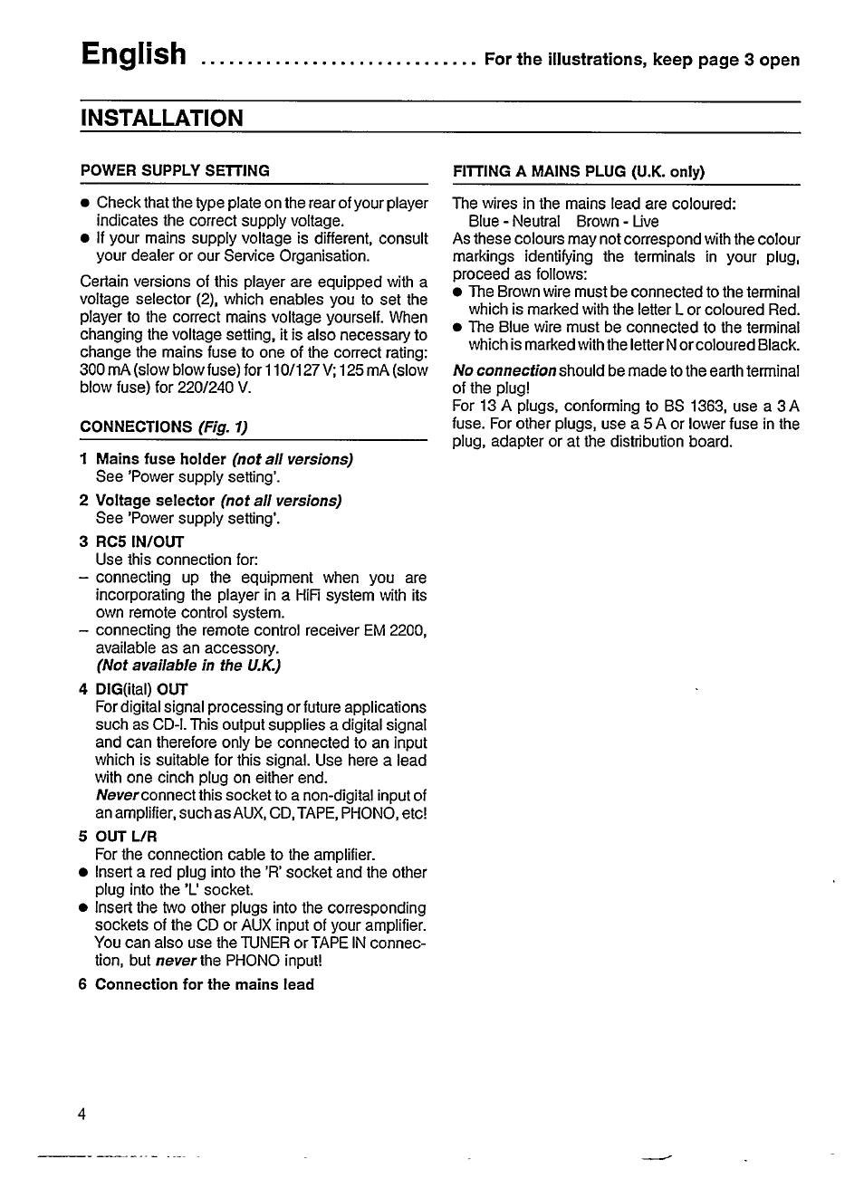 Connections (fig. 1), 1 mains fuse holder (not all versions), 3 rc5in/out | 4 dig(ital) out, 5 out l/r, 6 connection for the mains iead, English, Installation | Philips CD 624 User Manual | Page 4 / 14