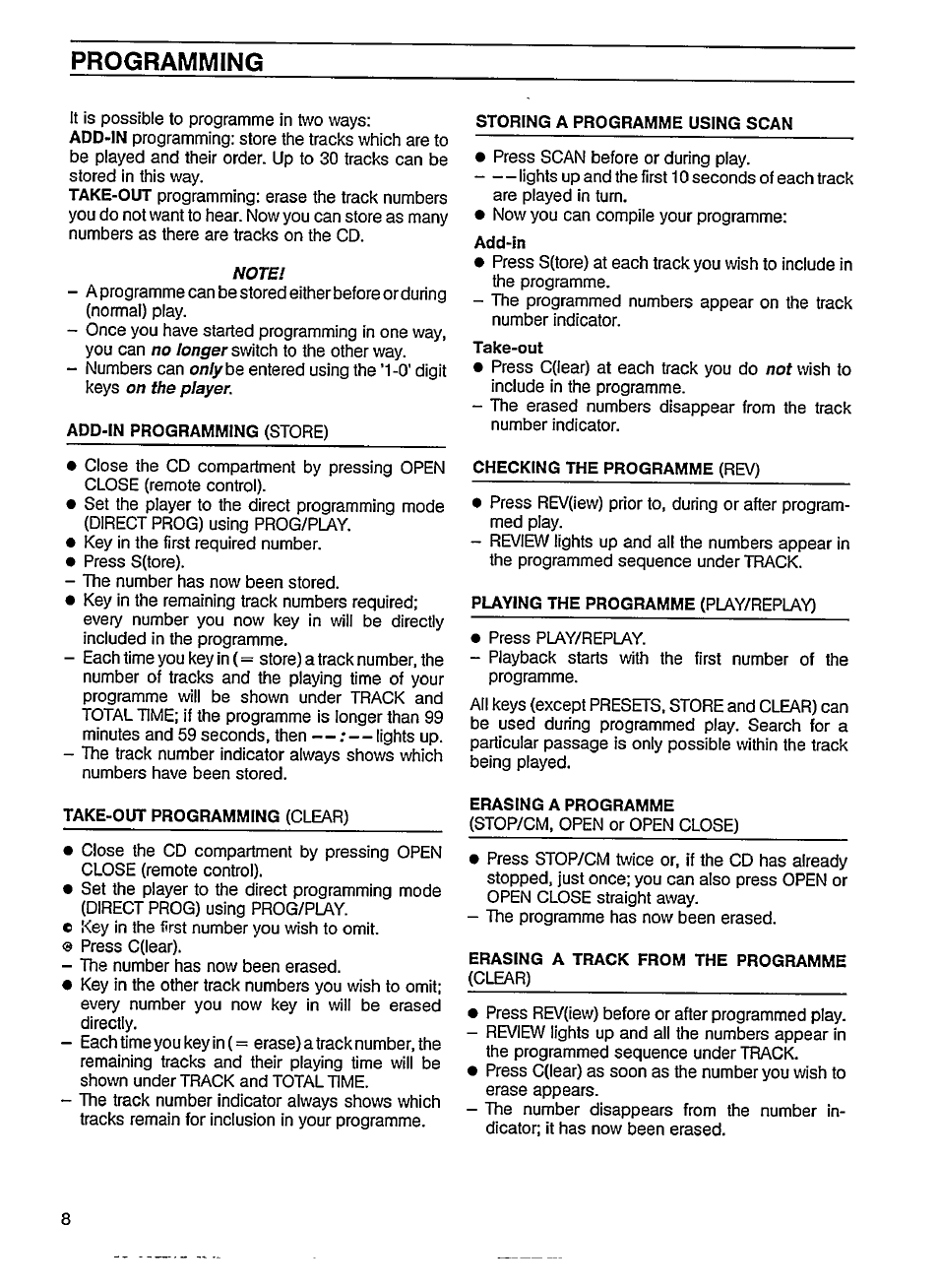 Add-in programming (store), Take-out programming (clear), Storing a programme using scan | Add-in, Take-out, Checking the programme (rev), Programming | Philips CD 624 User Manual | Page 8 / 14