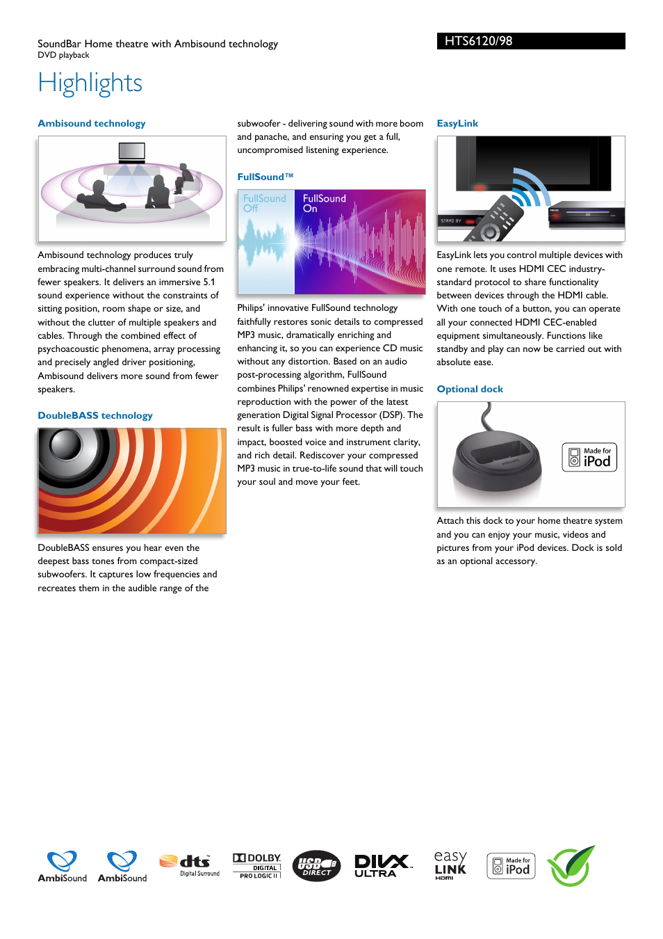 Highlights | Philips SoundBar HTS6120/98 User Manual | Page 2 / 3