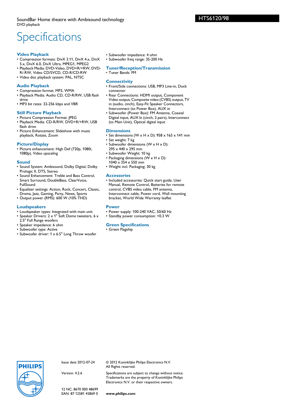 Specifications | Philips SoundBar HTS6120/98 User Manual | Page 3 / 3